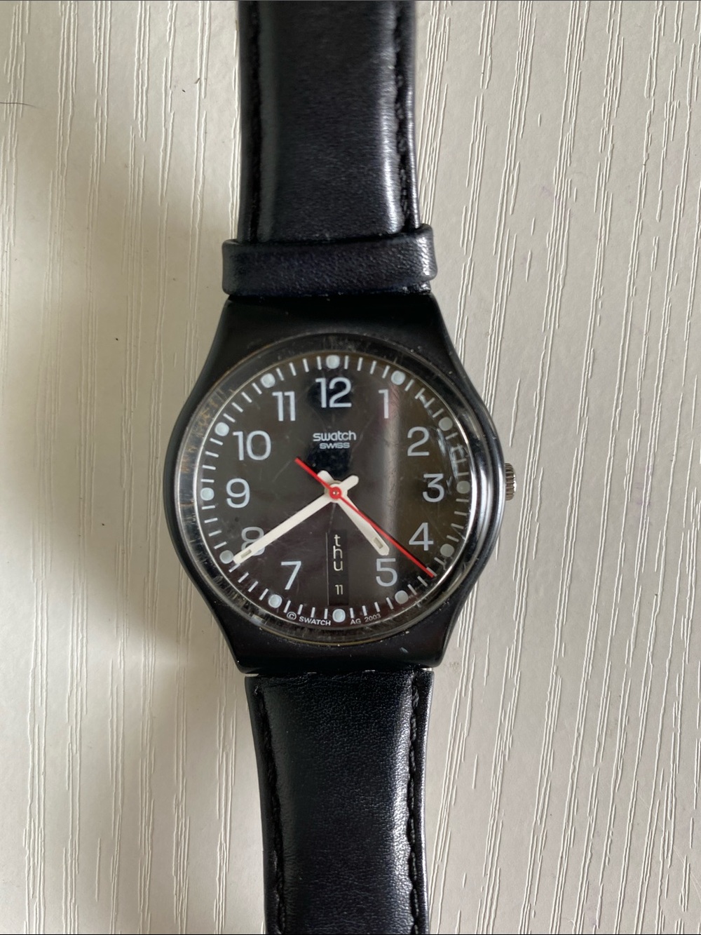 Swatch Black Dial Watch with White and Red Accents